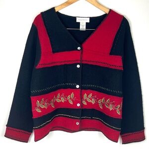 Vintage Y2K Susan Bristol Wool Winter Holiday Embroidered Sequin Holly Cardigan